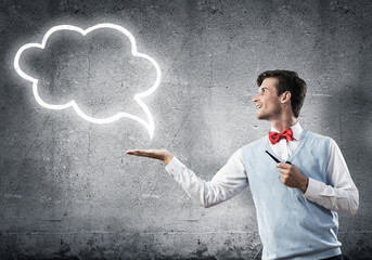 Elegant banker wearing red tie and cloud as idea concept