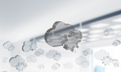 Cloud computing concept with glass symbol shown in air. Mixed media