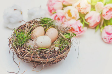 Fototapeta na wymiar Spring greeting card. Easter eggs in nest with moss cotton and pink fresh tulip flowers bouquet on rustic white wooden background. Easter concept. Flat lay top view copy space. Spring flowers tulips