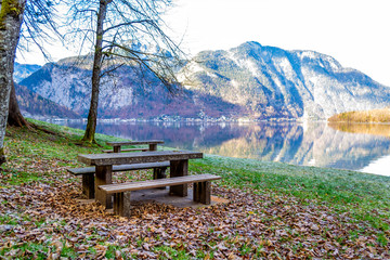 A bench and a table, green grass, orange leaves on the grass, next to the bench a tree covered with moss, a beautiful lake, in the background mountains with pine trees and trees, sky and clouds