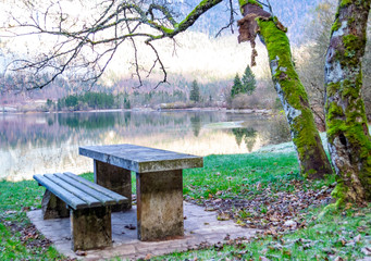 A bench and a table, green grass, orange leaves on the grass, next to the bench a tree covered with moss, a beautiful lake, in the background mountains with pine trees and trees, sky and clouds