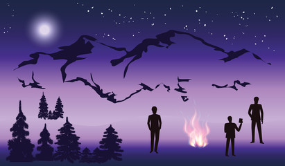 Travelers by the fire - night, mountains, forest, starry sky, moon - illustration vector