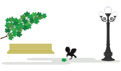 Tree branch with green leaves, bench, lamppost, crow - light background - flat style - vector