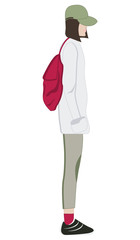 Modern stylish girl, in profile with a backpack, in a cap, jacket, pants, sneakers - isolated on white background - flat style - vector