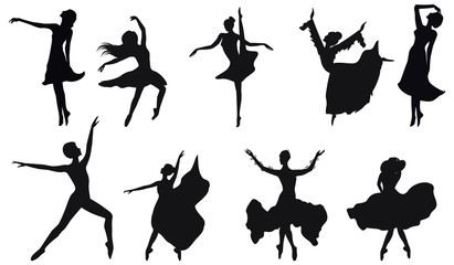 Dancers silhouettes - set of nine female figures - isolated on white background - vector