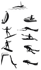 Set of water sports - silhouettes of men and women - detailed - vector