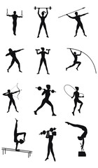 Set - athletics, twelve silhouettes of athletes - rings, parallel bars, a pole, dumbbells, a spear - detailed - vector