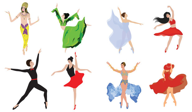 Images of dancers - a set of eight female figures - detailed - vector