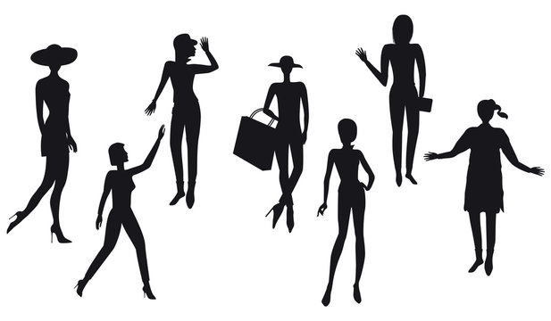 Silhouettes of women, modern - detailed, isolated on white background - vector