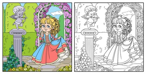 Lovely princess in park with statue of a cupid archer standing on column entwined with ivy color and outlined for coloring © Azuzl