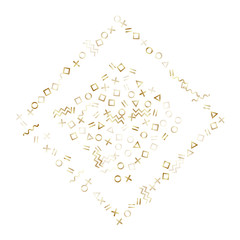 Memphis style geometric confetti vector background of triangle circle square shapes, chevron wavy lines.