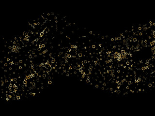 Memphis style geometric confetti vector background of triangle circle square shapes, chevron wavy lines.