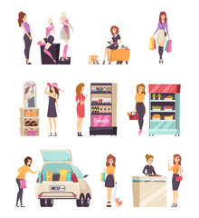 Woman Shopping at Stores and Shops Set Vector