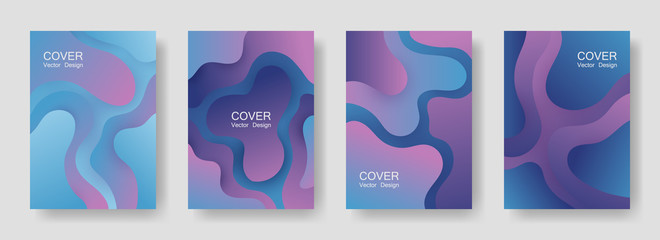 Gradient liquid shapes abstract covers vector collection. Vibrant brochure backgrounds design. Organic bubble fluid splash shapes, oil drop molecular mixture concept pattern. Cover templates.