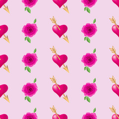 Seamless pattern background with hearts pierced by golden arrows and roses. Valentines Day holidays typography. Vector EPS10.