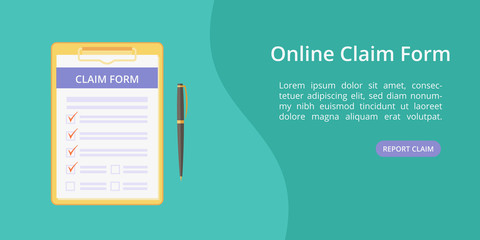 Claim form on clipboard with pen landing page concept. Website page vector template, check list on board with clip. Online claim form service landing concept green illustration with pen and clipboard