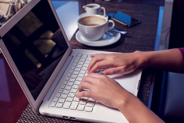 Fototapeta premium People, technology, communication and leisure concept. Cropped rear view of woman's hands surfing internet, checking newsfeed via social networks, messaging friends online during lunch