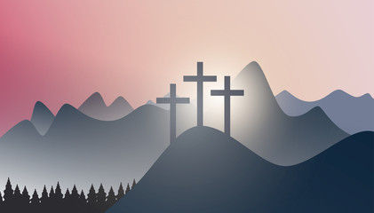 three crosses on a mountain peak