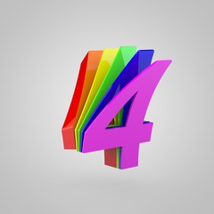 3D number 4. 3D render cutaway rainbow font. Pride colors concept alphabet isolated on white background