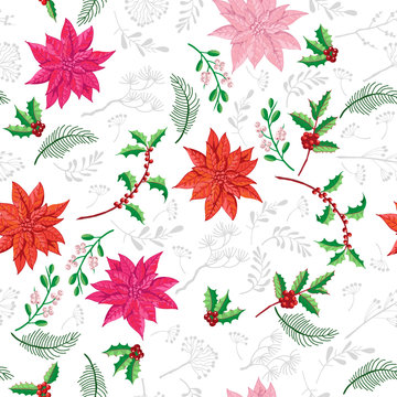 Seamless Pattern Christmas Decoration with Poinsettia flowers