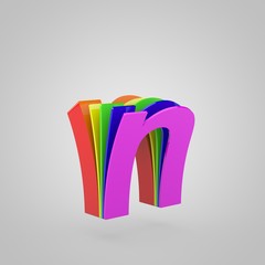 3D Letter N lowercase. 3D render cutaway rainbow font. Pride colors concept alphabet isolated on white background