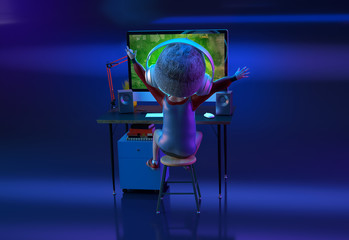 Happy kid boy gamer winning while playing video game on pc computer. Funny child cartoon character of little boy wearing headphones. Gaming and happy childhood concept. 3D render © Corona Borealis