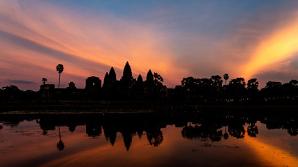 Fototapeta na wymiar Silhouette of Angkor Wat Temple at Magic Hour 