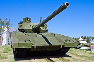  T-14 Armata tank at the military exhibition. Tank view from the front, from the bottom up