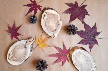 Still life, including wooden decor items, maple leaves and cones. Photo in natural muted colors. Kraft paper is used as a background. Image on environmental issues.