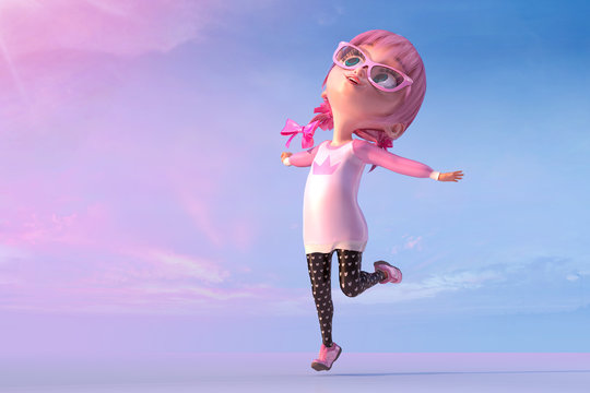Cheerful kid girl jumping outstretched arms, two poses. Funny child cartoon  character of a kawaii child girl with glasses and pink anime hairs. Freedom  and happy childhood concept. 3D render Stock Illustration
