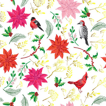 Seamless Pattern Christmas Decoration with Bird and Poinsettia