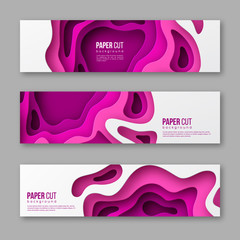 3d paper cut style horizontal banners or stickers. Shapes with shadow in different purple tones. Papercraft layered art. Design for decoration, business presentation, posters, flyers, prints. Vector.