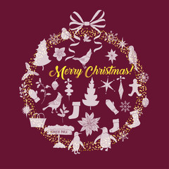 Christmas Background with Silhouettes,  Poinsettia and Toys