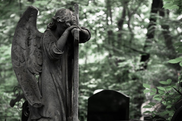 The Sorrowful Angel. Weeping angel with a cross, space for text