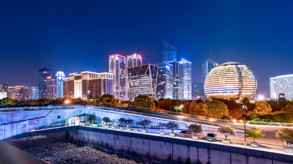 Naklejka premium Night Scenery of Modern Urban Architectural Landscape in Hangzhou..