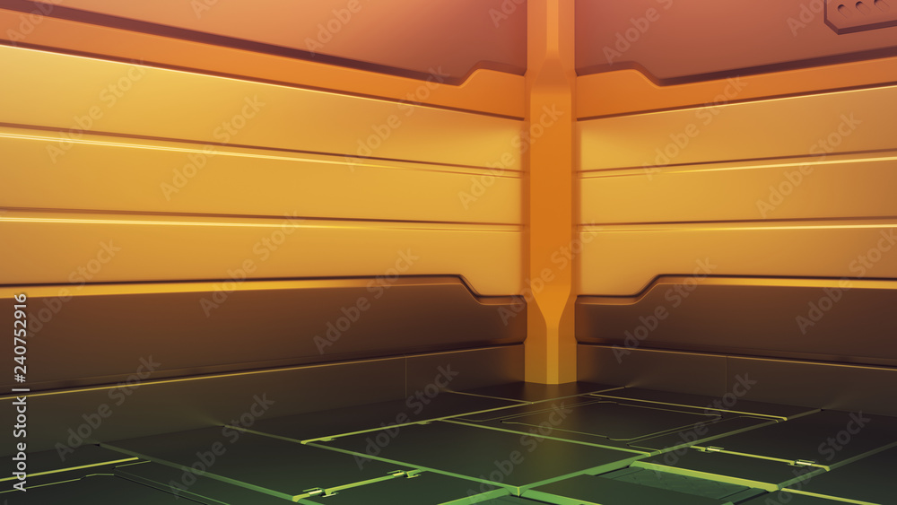 Wall mural futuristic interior with empty stage. modern future background. technology sci-fi hi tech concept. 3