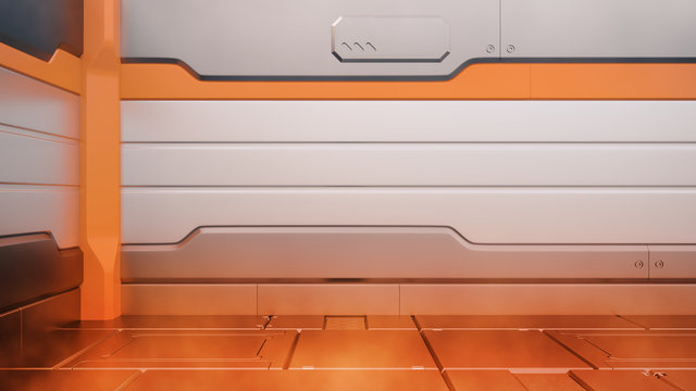 Sci-Fi fire damaged metallic corridor background 3d render