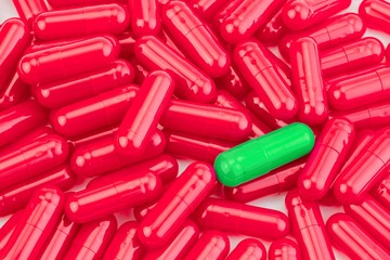 Many medicines red pills capsules of diferent color
