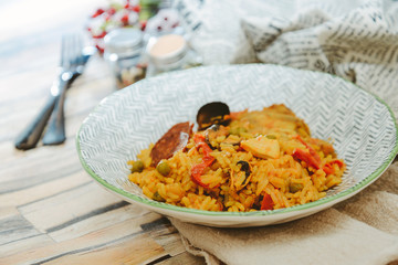 Prawn with rice - closeup of prawn with rice - traditionnal spanish food paella