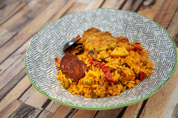 Prawn with rice - closeup of prawn with rice - traditionnal spanish food paella