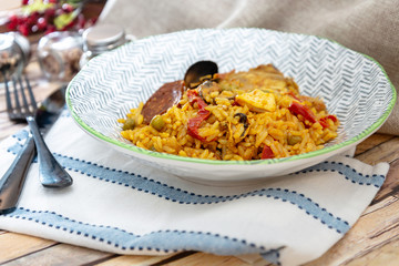 Prawn with rice - closeup of prawn with rice - traditionnal spanish food paella