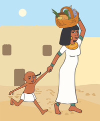 kid with mom from ancient egypt historical cartoon
