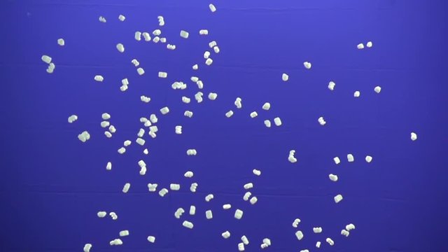 Flying Foam cushioning shockproof on blue background,  Slow motion