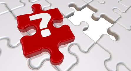 The missing piece of the puzzle. Folded white puzzles elements and one red with question mark. 3D Illustration