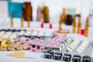 Fototapeta premium Pharmaceutical medication and medicine pills in packs