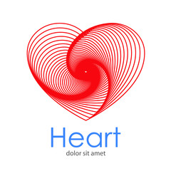 Logotipo abstracto con texto Heart con corazones lineales concentricos en espiral en color rojo