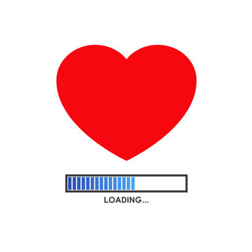 Logotipo abstracto con texto LOADING con corazón en color rojo y barra de estado en azul