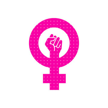 Icono plano símbolo feminista con puño con patrón de puntos en color rosa