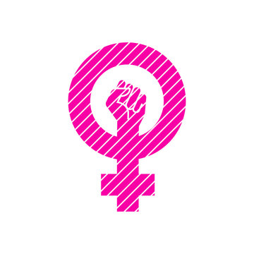 Icono plano símbolo feminista con puño en color rosa con lineas en diagonal en color blanco