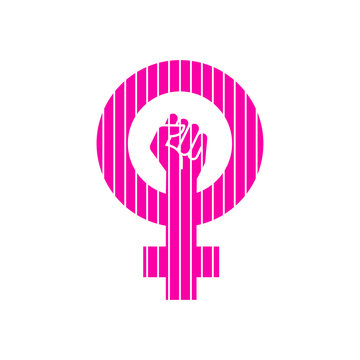 Icono plano símbolo feminista con puño en color rosa con lineas verticales en color blanco
